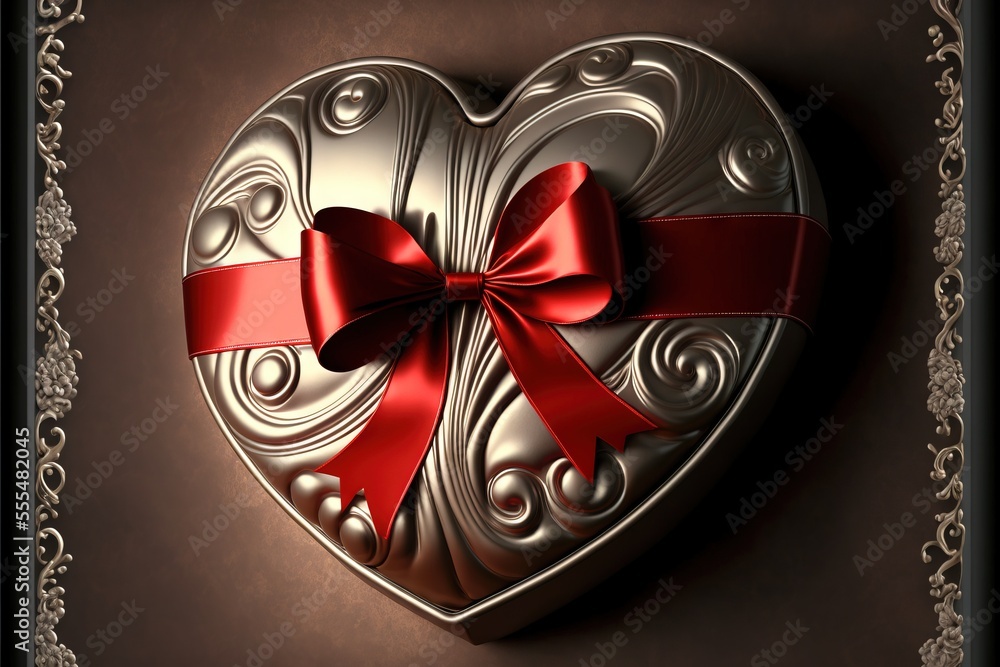 Poster a heart shaped box with a red bow on it's side and a decorative border around it. generative ai