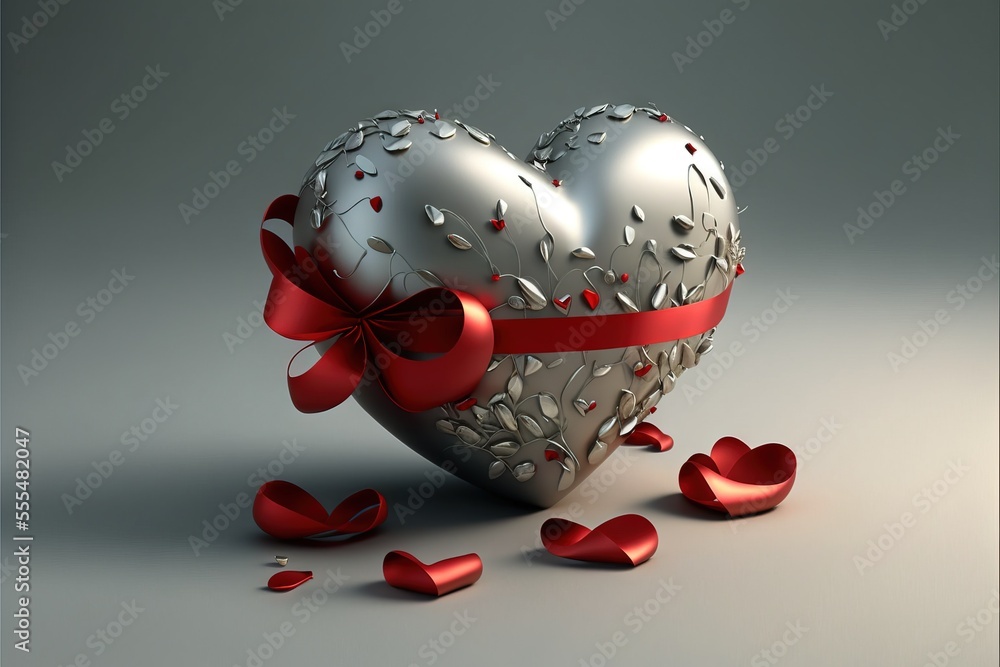 Poster a heart shaped object with a red ribbon on it and petals scattered around it on a gray background wi