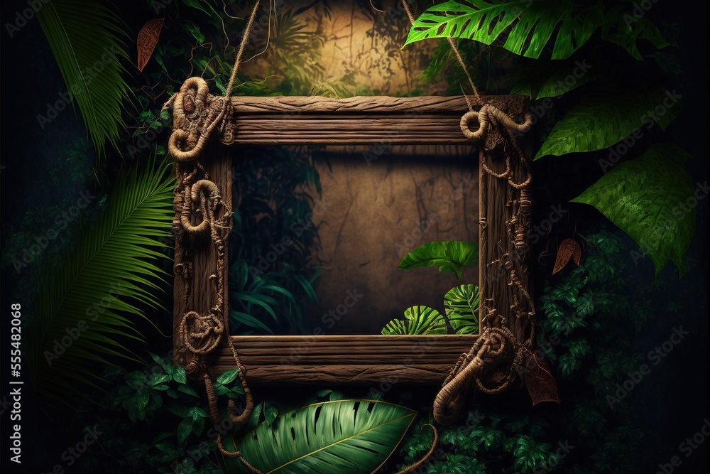 Poster a picture frame with a jungle scene in the background and a green plant in the foreground with a lig
