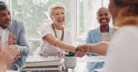 Handshake, applause or woman with success for meeting sales kpi, target or job goals in a company. Support, congratulations or happy business people shaking hands to praise an employee winning a deal