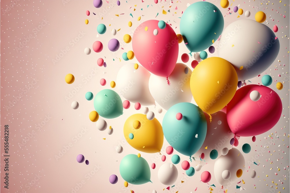 Poster a bunch of balloons floating in the air with confetti on them and a pink background with gold dots. 