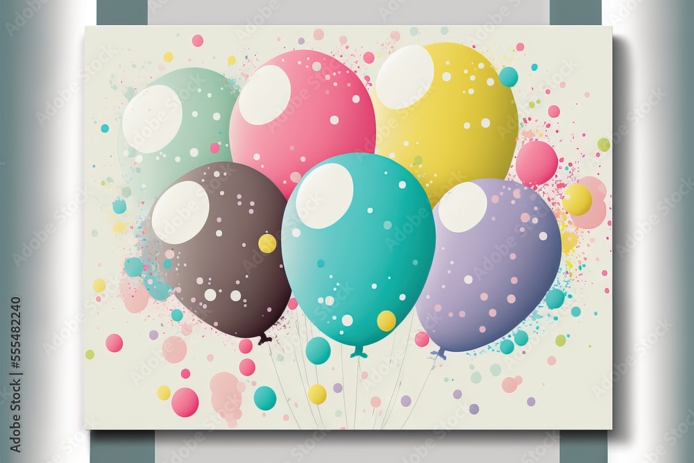 Poster a painting of a bunch of balloons floating in the air with a white background and a blue frame aroun