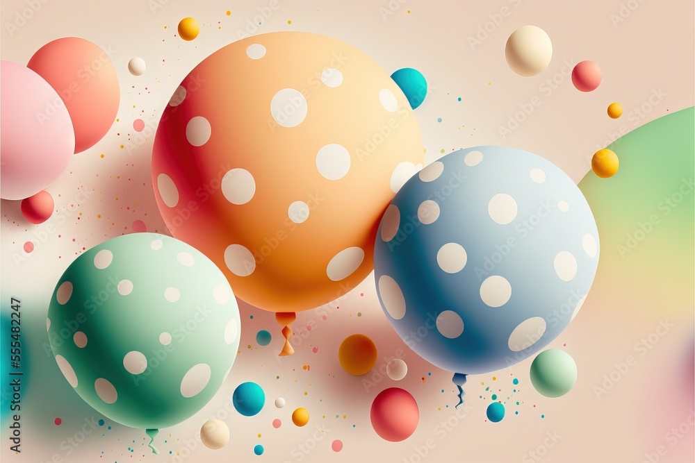 Poster a group of colorful balloons floating in the air with dots on them and a pink background with a whit