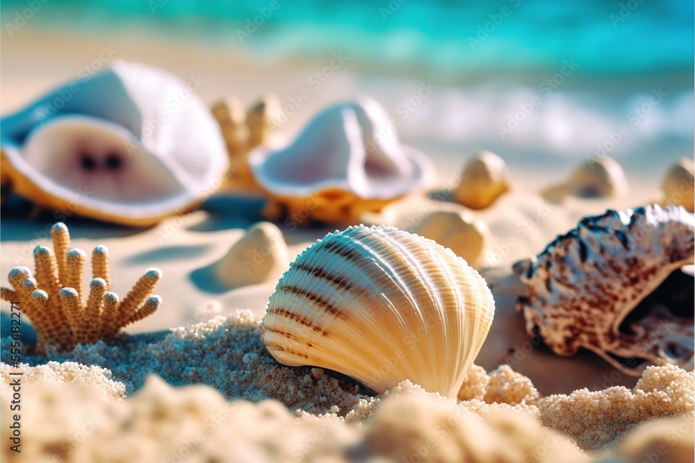 Aufkleber a group of shells on a beach with a blue ocean in the background and a white sand beach with a few s