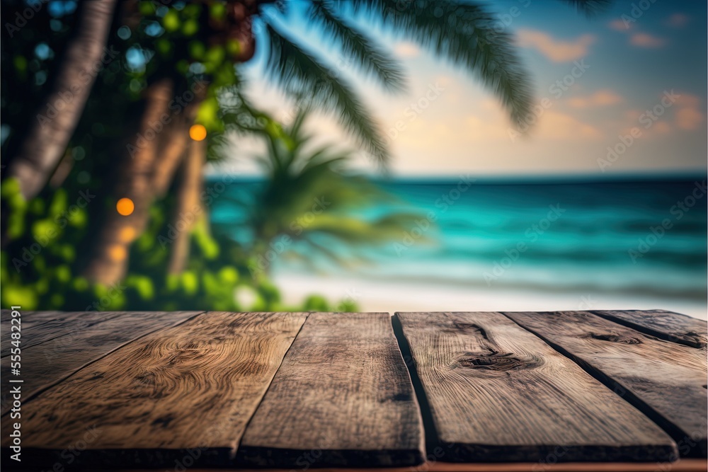 Poster a wooden table with a view of the ocean and a palm tree in the foreground with a blurred background.