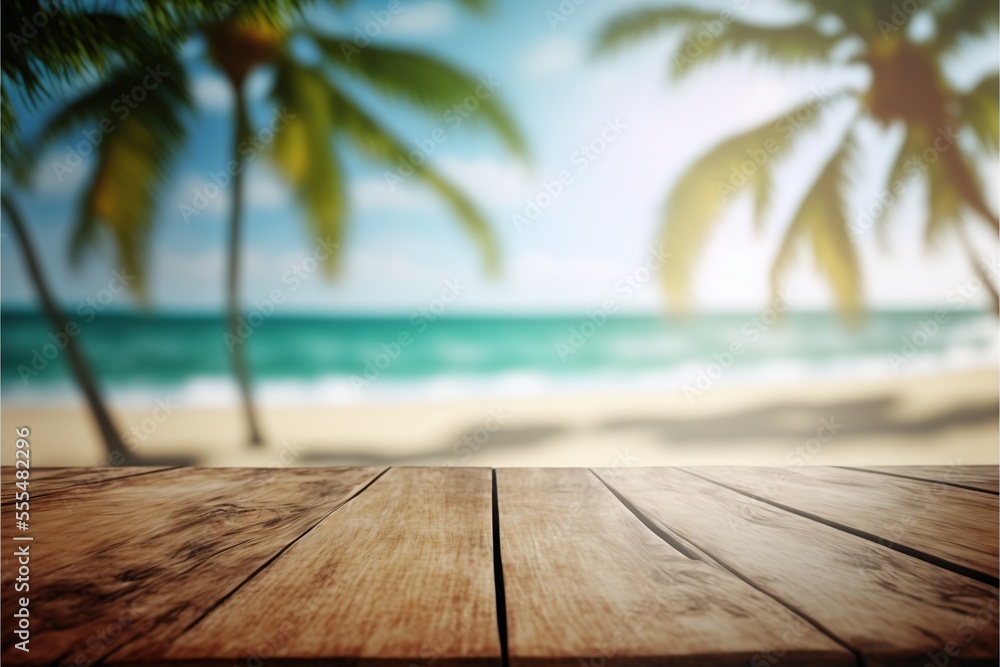Poster a wooden table with a blurry beach in the background with palm trees in the foreground and a blurry 