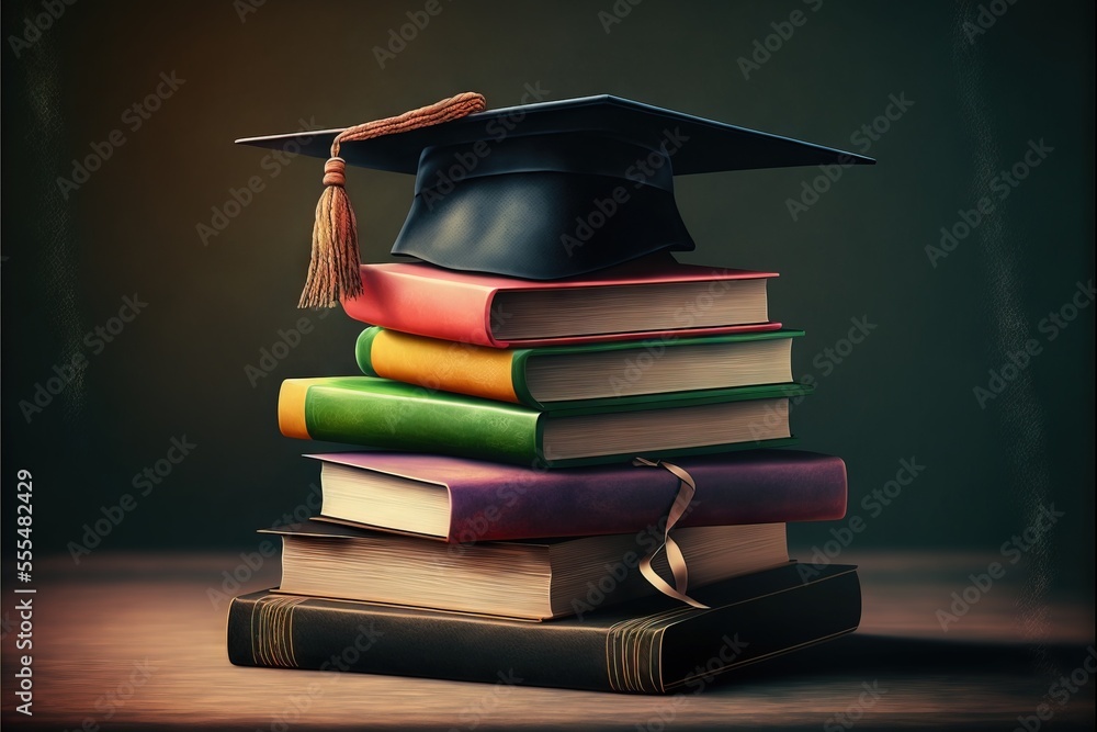 Poster a stack of books with a graduation cap on top of them. generative ai