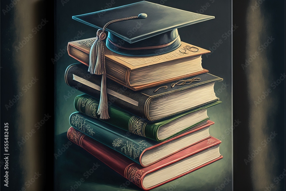 Poster a painting of a stack of books with a graduation cap on top of them. generative ai