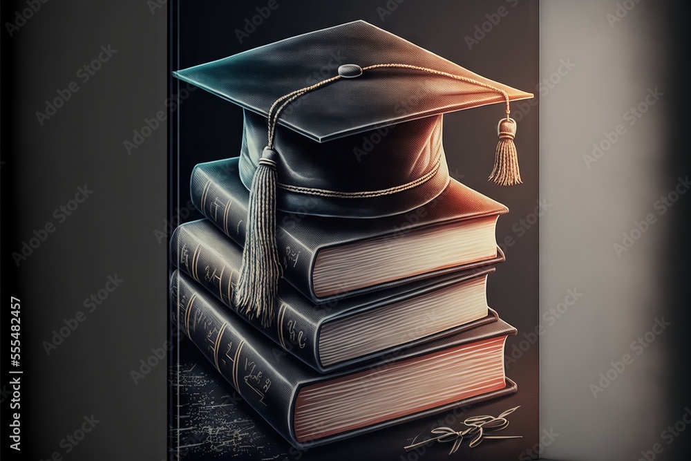 Aufkleber a stack of books with a graduation cap on top of them. generative ai