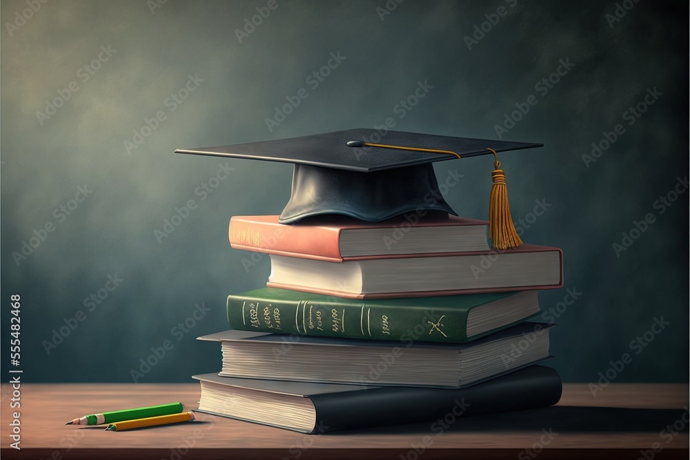 Poster a stack of books with a graduation cap on top of them and a pencil on the side of the book. generati