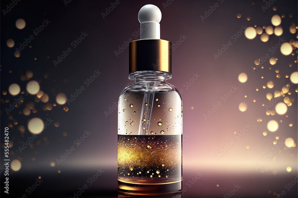 Poster a bottle of liquid with a dropper on a table with a blurry background of bubbles and lights. generat