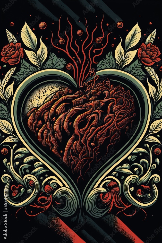 Poster a heart with a plant inside of it and a flower on the side of it., generative ai