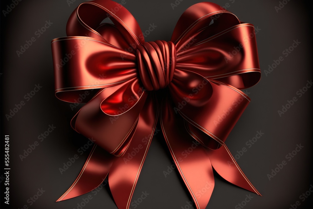 Poster a red bow with a long tail on a black background with a shadow on the bottom of the bow. generative 