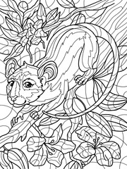 Rat on a tree branch, flowering tree. Antistress for children and adults. Illustration on white background. Zen-tangle style.