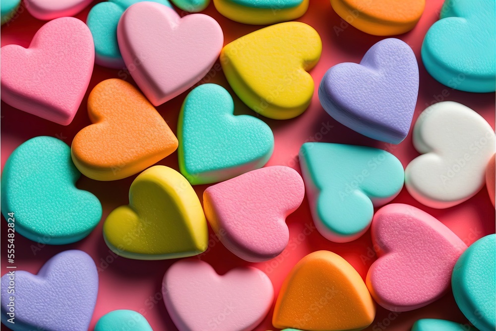 Aufkleber a bunch of heart shaped cookies sitting on top of a table next to each other on a pink surface., gen