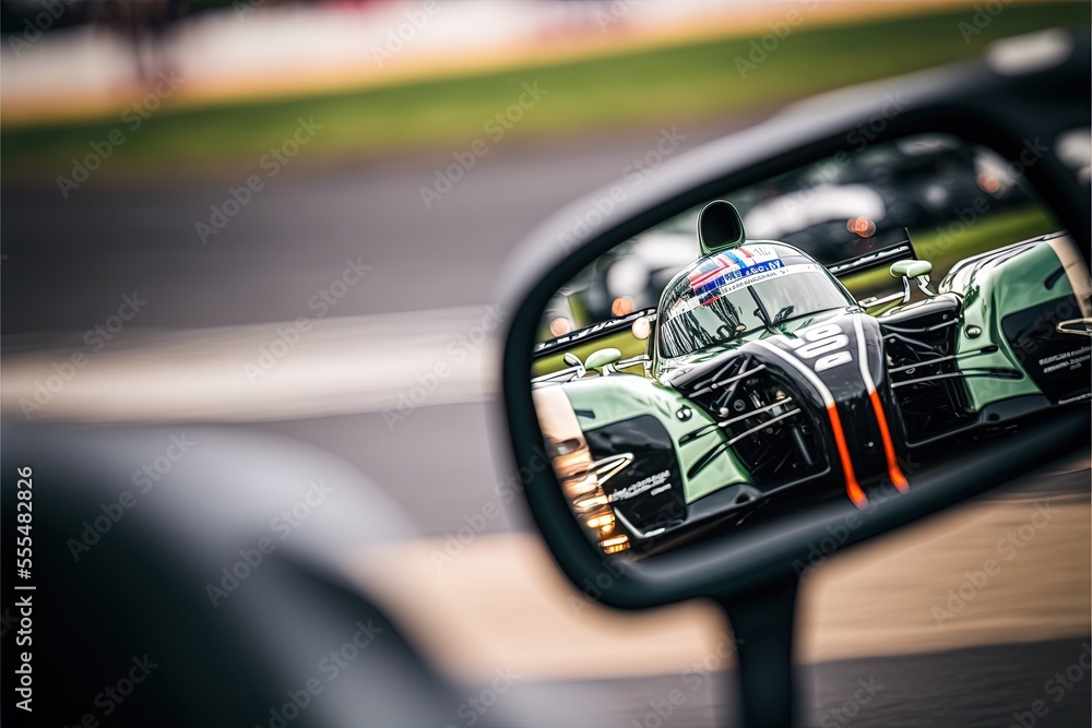 Poster a side view mirror reflecting a race car in it's side view mirror. generative ai