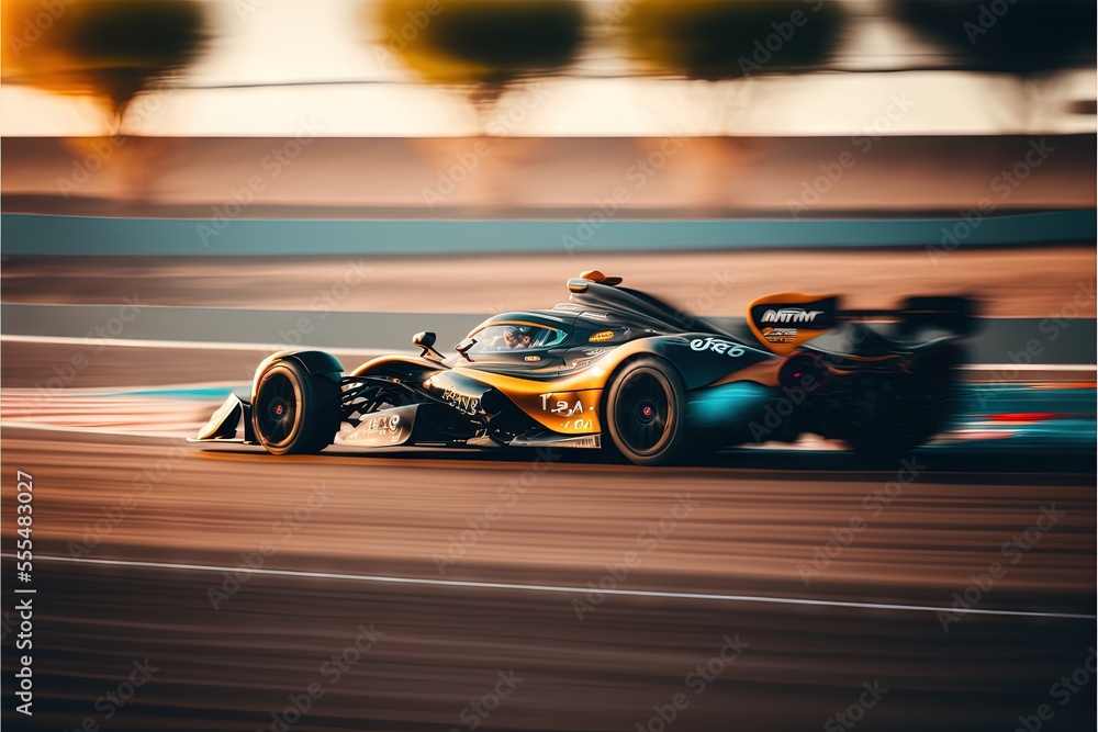 Poster a racing car driving down a track with blurry background and trees in the background. generative ai