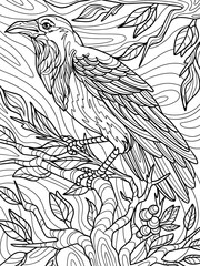 Raven on a branch. Antistress for children and adults. Illustration on white background. Zen-tangle style.