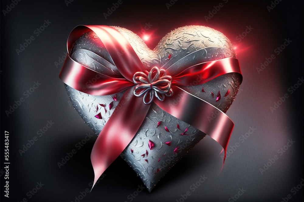 Poster a heart shaped box with a red ribbon on it and a bow on the top of it. generative ai