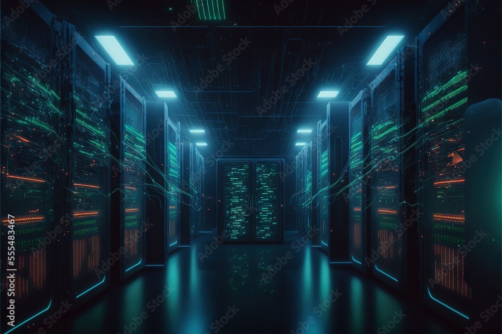 Poster a dark room with rows of servers in it and a neon light at the end of the room is a hallway with row