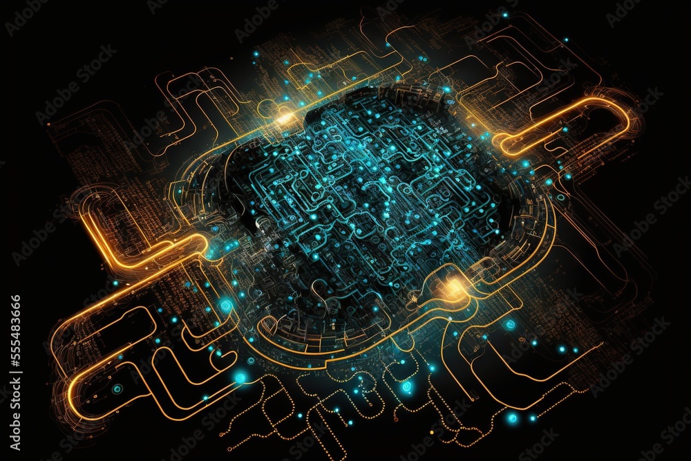 Poster a computer circuit board with a glowing blue and yellow pattern on it's surface and a black backgrou