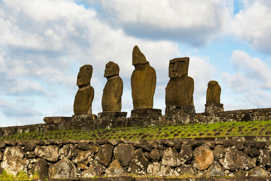 A row of moais in early morning light; Easter Island, Chile