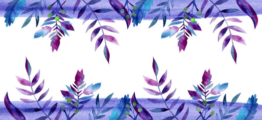 Fototapeta na wymiar Watercolor greenery border frame 400 dpi PNG with transparent background, graphic resources for wedding invitations, cards, menus, greeting cards, websites, logos, nature, leaves, purple, blue, violet