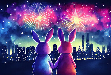 Rabbits couple holding hands and watching fireworks over the city, 2023 Chinese new year of the Rabbit, watercolor, created with Generative AI technology
