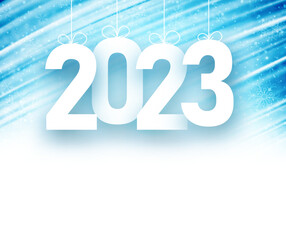 White hanging 2023 sign on blue brush strokes background.