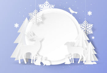Festive paper craft winter landscape with deer, pine tree, rabbit and snowflake on a snowy background