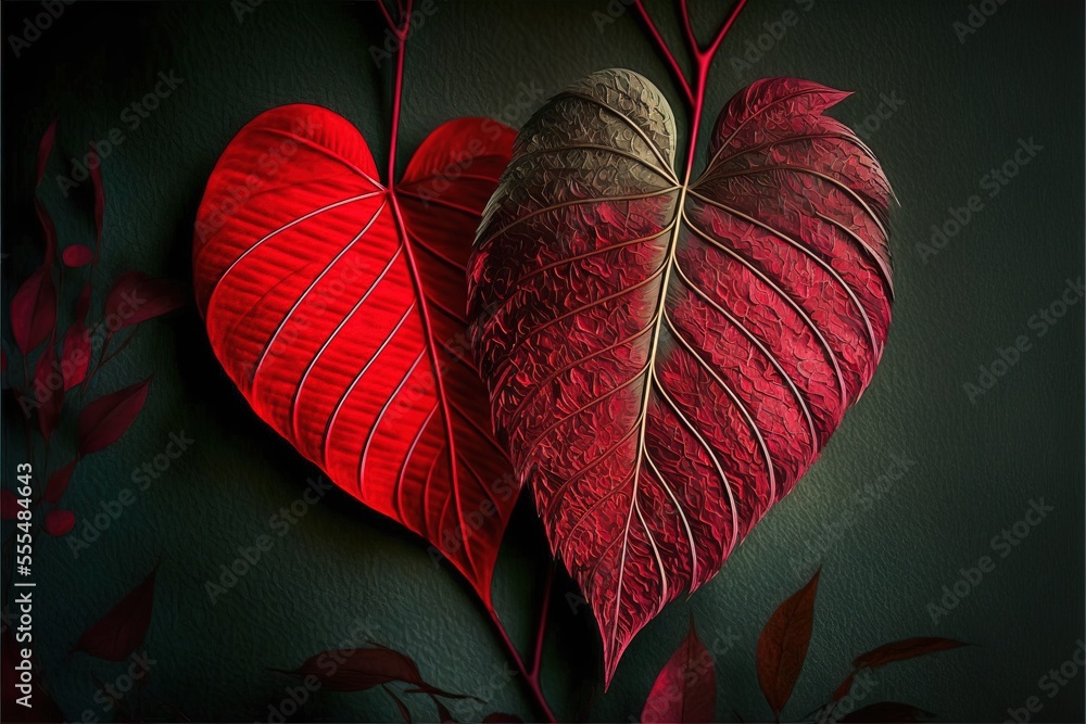 Poster a heart shaped leaf with a green background and red leaves on it., generative ai