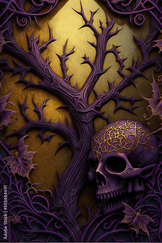 Poster a painting of a skull and a tree with leaves on it's branches and a yellow background with a yellow 
