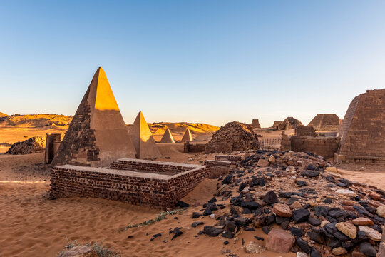Pyramids in the Northern Cemetery at Begarawiyah, containing 41 royal pyramids of the monarchs who ruled the Kingdom of Kush between 250 BCE and 320 CE; Meroe, Northern State, Sudan