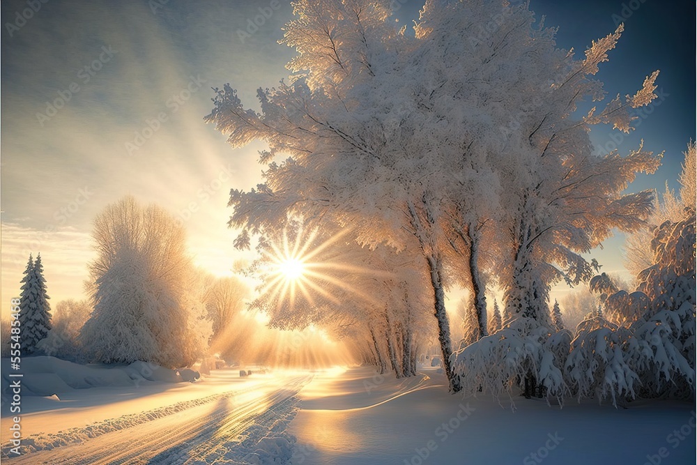 Poster a snowy road with trees and sun shining through the trees on the side of it and a road sign on the s