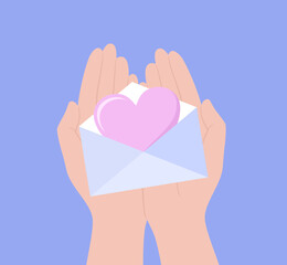 Hands holding envelope with big heart inside on a purple background, top view. Flat vector illustration