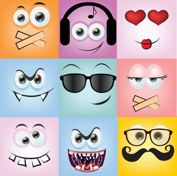 Emotions, cartoon faces, funny monsters. Mega collection of posters. Big Set of vector illustrations. Simple background pictures, perfect for posters, banners, t-shirt print.