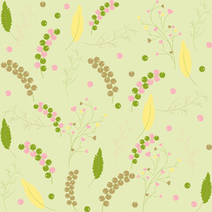 Flower, leaves and berries pattern on a green background 