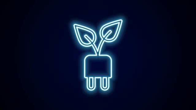Glowing neon line Electric saving plug in leaf icon isolated on black background. Save energy electricity. Environmental protection. Bio energy. 4K Video motion graphic animation