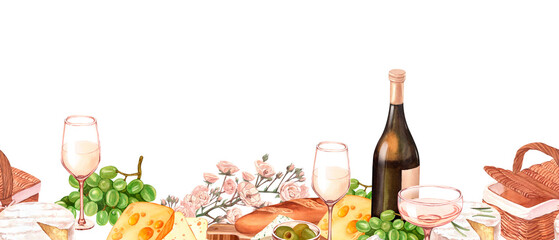 Watercolor white wine bottle, fresh ripe green grapes, cheese on the table. Hand draw background with food objects for picnic. Concept for wine list, label, banner, menu, flyer, brochure template