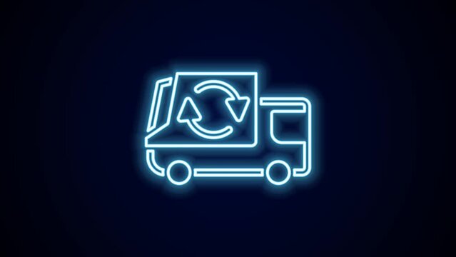Glowing neon line Garbage truck icon isolated on black background. 4K Video motion graphic animation