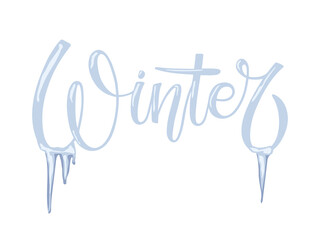 Obraz premium Winter lettering with Icicles doodle sketch Hand drawn design for banner, flyer, brochure, card, poster. Winter time Nature illustration. Holiday greetings quote isolated vector illustration