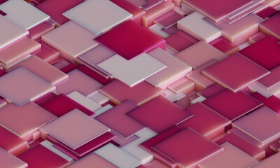 Abstract digital wallpaper design of magenta pink cubes on a plane with intersecting geometry. Subsurface scattering . 3d render. Three dimensional of mosaic tiles. Trend viva magenta color 2023 year.