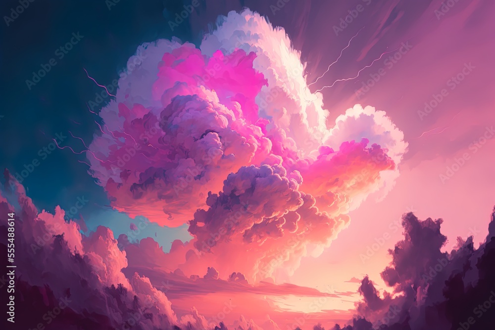 Aufkleber colored pencil sketch of soft pink clouds bursting with dazzling lights generative ai