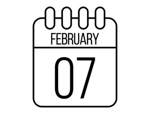 7 February day icon. Black February calendar page vector on isolated white background