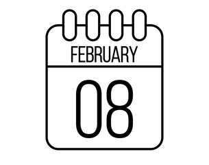 8 February day icon. Black February calendar page vector on isolated white background