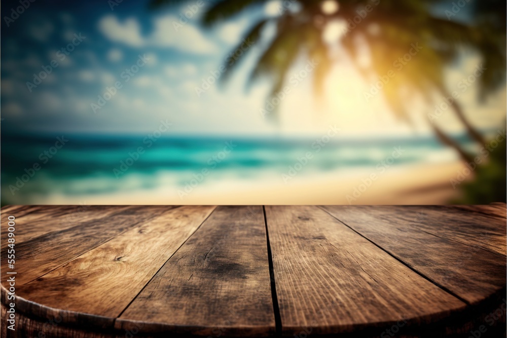 Poster a wooden table with a view of the ocean and a palm tree in the background with a blurry image of the