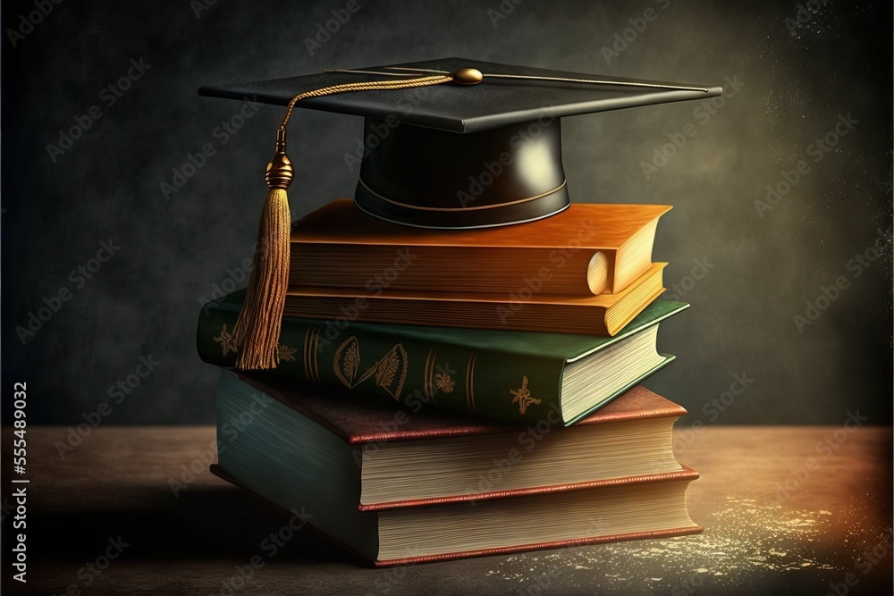 Aufkleber a stack of books with a graduation cap on top of them. generative ai