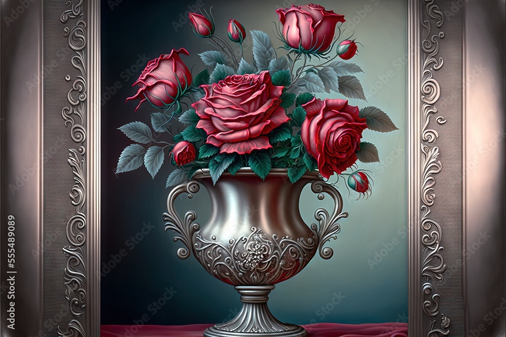 Aufkleber a painting of a vase with roses in it on a table with a red cloth on it and a picture frame. generat