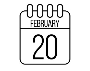 20 February day icon. Black February calendar page vector on isolated white background