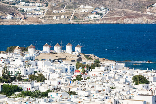 Mykonos Town with windmills; Mykonos Town, Mykonos Island, Cyclades, Greece